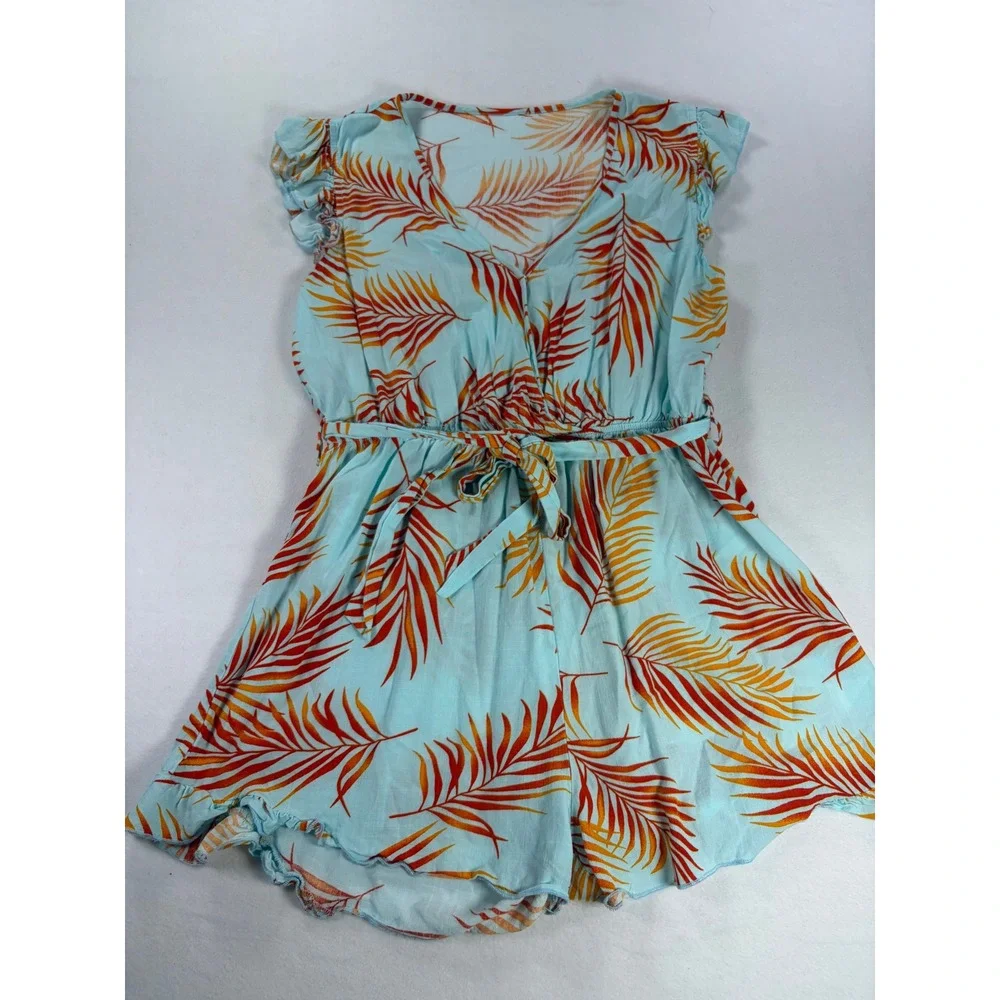 Cupshe Women Blue Tropical Palm Leaf Print Ruffle Wrap Romper Size Large